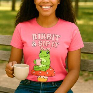 Ribbit & Sip It Tee Shirt Cute Frog Design Cottagecore Mushroom All Sizes